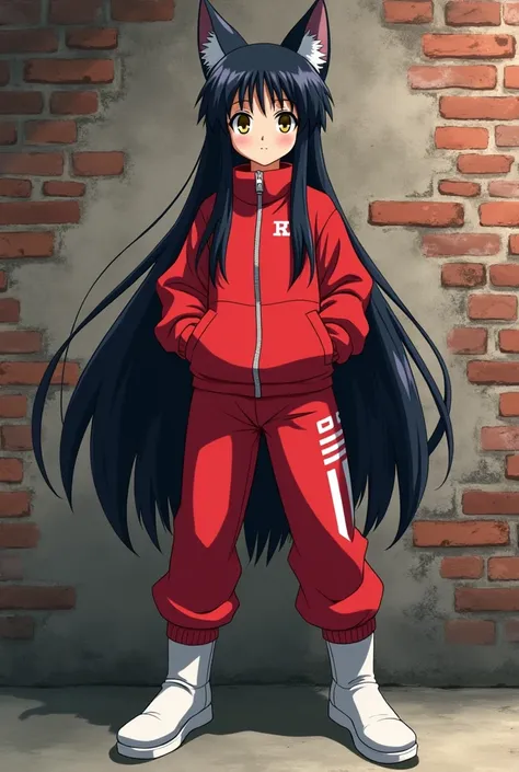 An anime girl who looks  with cat ears, very long, straight black hair with bangs similar to Inuyasha&#39;s, and golden eyes., She is dressed in a wide red sports coat and sports pants with a design of three parallel lines.. And some white wool boots stand...