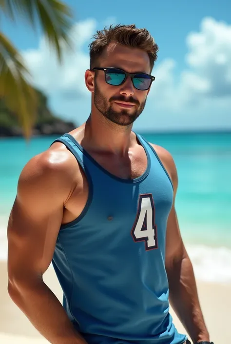 Chris Evans wearing a number 4 logo blue tank at a caribean beach day time blue sky