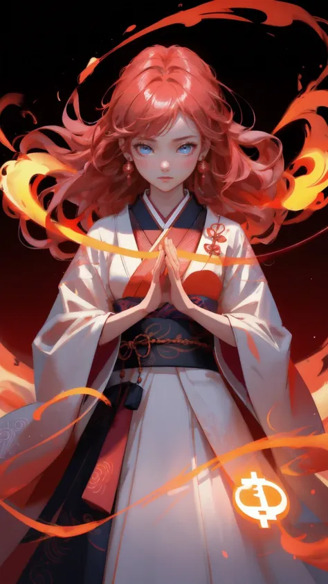 Create a digital artwork depicting a mystical female guardian in a traditional Japanese kimono, adorned with elements of modern digital aesthetics. Her attire should be deep red, complementing the fiery, swirling background that symbolizes the volatile wor...