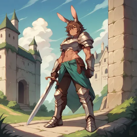 a female bunny kemonomimi in training armor. she is outside the castle and has her one sword sheathed. she has a huge scar on her face. she has brown hair that covers her human ears.