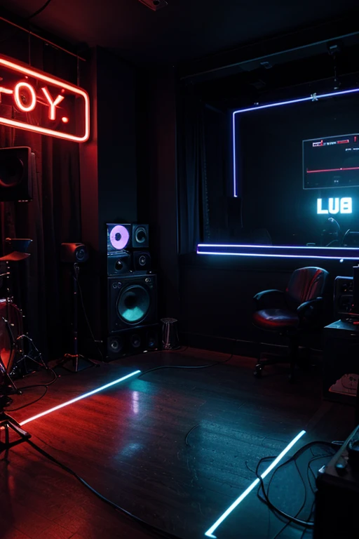 A music recording studio with a neon light atmosphere