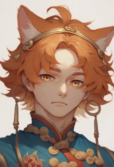 Orange hair color, golden eyes, medium straight hair parted in the center, wearing a hoop on his head, vermilion ancient Chinese clothes, cat eyes and fish eyes, male