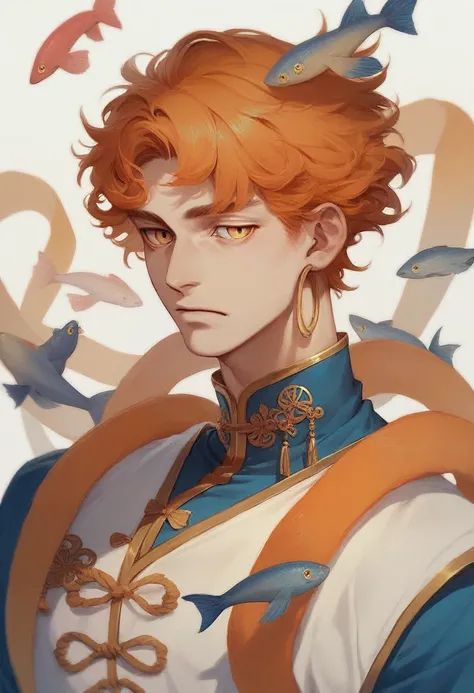 Orange hair color, golden eyes, medium straight hair parted in the center, wearing a hoop on his head, vermilion ancient Chinese clothes, cat eyes and fish eyes, male