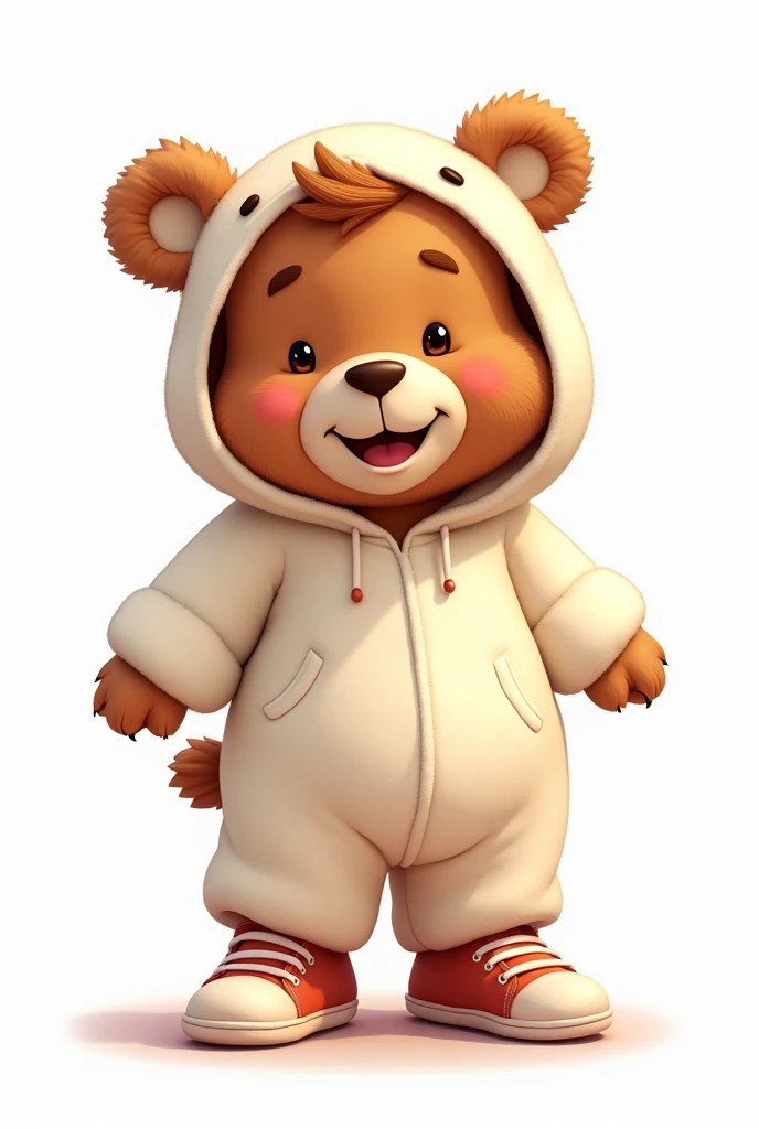 a Disney Pixar style brown bear, wearing a white bear costume, The bear is brown and furry, Cute and happy bear, contoured art style, the bear is wearing sneakers, high qualiy, work of art, detailed skin texture, detailed costume, studio lighting, swirly v...