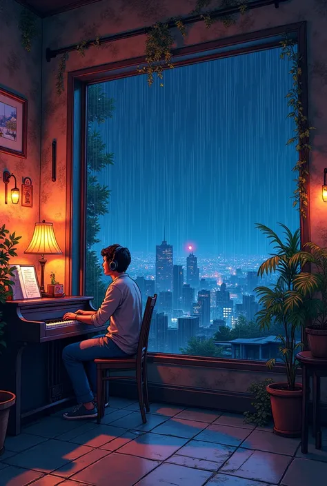 A cafe where piano jazz plays， dream, please wear headphones, night light, Neon landscape on a rainy day, analog color theme, lo-fi hip hop , retrospective, flat, 2.5D ,Draw a line, ink painting, Bhutan road, watercolor painting, gouache color, studio ghib...