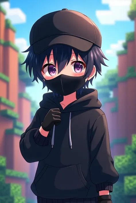 Make A Cute anime boy character wearing (black hoodie) with animated Minecraft background black cap black glove  black hand glov black hair black mouth maks