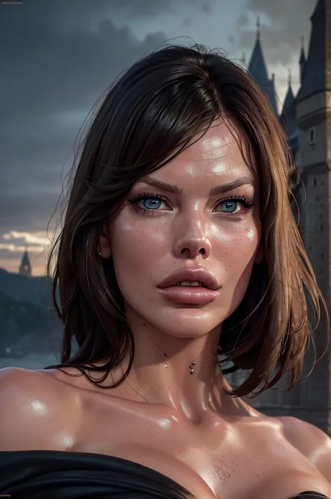 a beautiful woman, Milla Jovovich, intricate detailed face, piercing blue eyes, sharp cheekbones, full lips, long dark hair, elegant pose, cinematic lighting, dark dramatic atmosphere, fantasy medieval dress, castle in the background, dramatic mood, cinema...