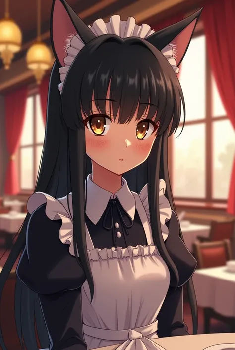 An anime girl who looks  with cat ears, very long, straight black hair with bangs similar to Inuyasha&#39;s, and golden eyes., dressed as a maid in the background of a luxurious restaurant