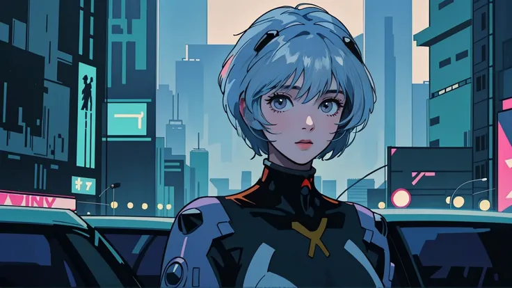 masterpiece, best quality, detailed, ((official style)), (((Rei Ayanami, 独奏))), /neon genesis evangelion/, (upper body), blue hair, short hair, bangs, red eyes, breasts, small breasts, white bodysuit, plugsuit, interface headset, pilot suit. Rainy night in...