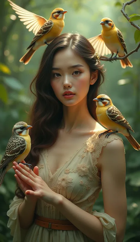 a beautiful woman with birds, delicate detailed face, elegant long hair, graceful posture, birds perched on her hands and shoulders, detailed feathers and plumage, lush nature background, soft warm lighting, detailed textures, photorealistic, vibrant color...