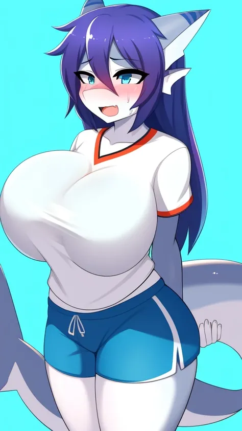 Shark girl, very sexy, big breasts, Wearing a short white sports shirt and shorts, Sweating, naked body, want to have sex, Im in the mood to fuck.