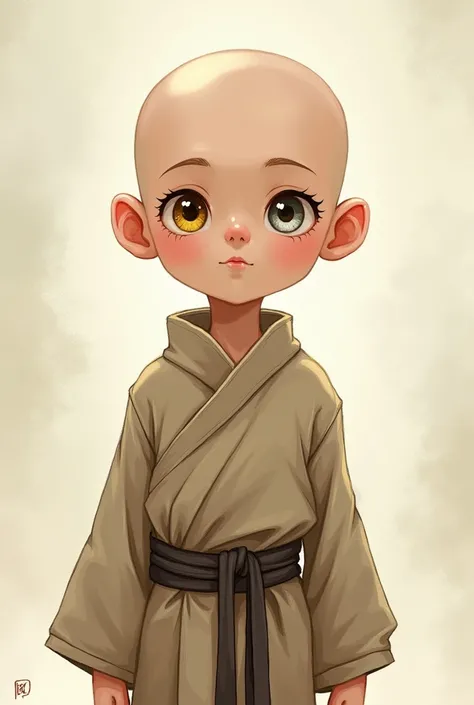 Create an illustration of a 9 yr old cute bald boy in monk attire where one of his eye is golden and another one is silver in colour