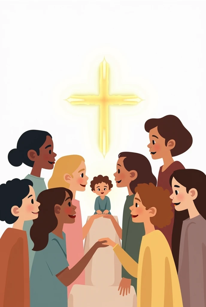 s of children represented by a small one on a white background children feeling faith at the bottom of the image small children And a cross in the shape of light at the top Children of different skin tones diversity girls and boys
