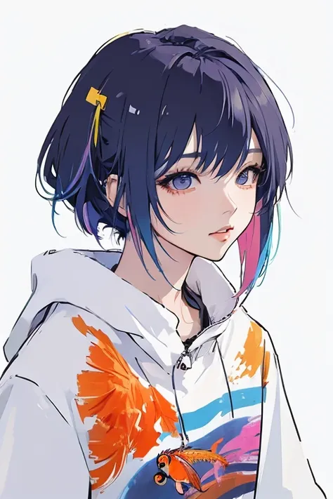 (masterpiece, Highest quality:1.4), 1 girl, 20-year-old women, solo, Anime Style, Upper Body, Neon Hair, Asymmetrical bob hairstyles, Long bangs on one side, Color Highlights, A lot of goldfish, Colorful goldfish, Simple lines, Minimalism, Abstract art, Pl...