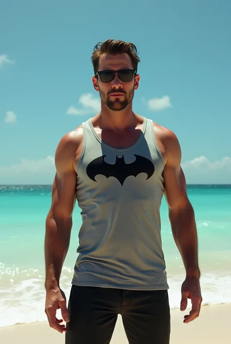 Christian Bale wearing a black Batman logo grey tank and black sunglasses at a caribean beach day time blue sky