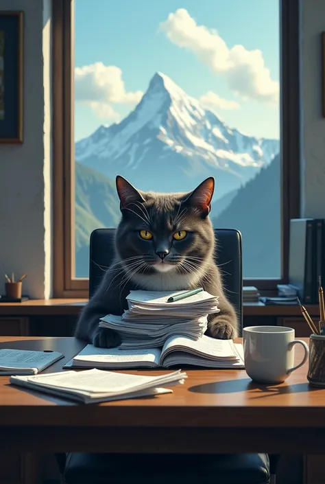 The cat sits at a desk, staring at a mountain of paperwork, with a dramatic, overwhelmed expression.