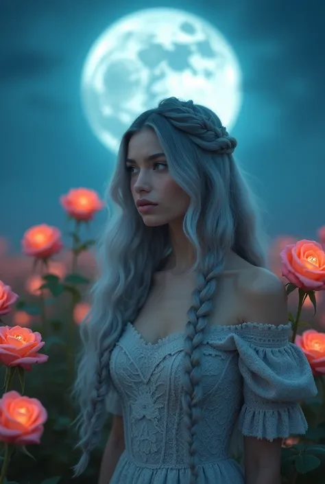 photo by Fujifilm GA645, 45mm lens F/ 1.7 aperture ,beautiful woman, standing in field of colorful glowing roses, long, wavy silver-gray hair adorned with intricate braids ,Her dress consists of an elaborate light gray lace dress with intricate floral embr...