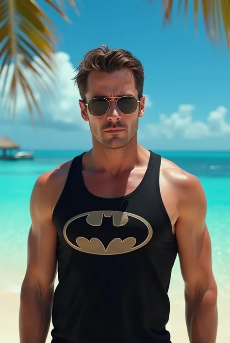 Christian Bale british actor wearing a black Batman logo grey tank and black sunglasses at a caribean beach day time blue sky