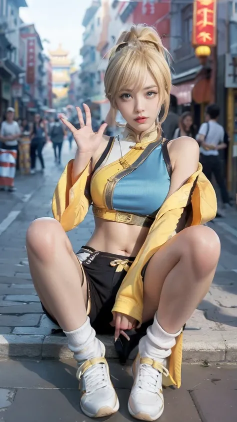 (masterpiece), best quality, 4k, HD, expressive eyes, perfect face, ABS,  muscular, tight , Ji Xiaoman, Blonde, Very cute face, Blue eyes, Upper body, Big breasts, Real, Photo", shorts, yellow hair, lazy, shoes, smug, Mayene, midriff, navel, Chinese, China...