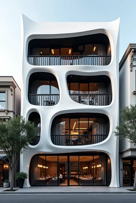 Restuarant facade architecture , exterior view , artistic , masterpiece architecture , archdaily , 4th floors , high quality rendering , postmodern look , postmodernism , white and black material