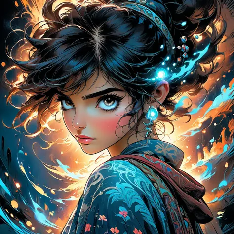 fluorescent horizon, digital brush strokes, UFO-style studio shading from above, 
shadow art, digital illustration, comic style, realistic shadows, Depth of field, bokeh,
1 girl, grown-up (elvish:0.7) Woman,  amber eyes, dark brown hair cut in wedge,  
sta...