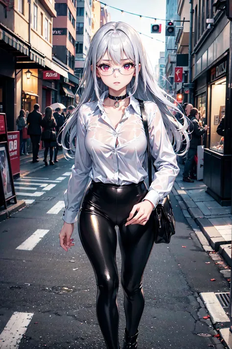 masterpiece, Superior image quality, High resolution, 4k image,Photo and gross, photorealistic, 1 young girl of 1, walking, {Alone},{{{vagina}}}, beautiful face, long silver hair, scarlet red eyes, very detailed eyes, expression of tenderness, Glasses, cho...