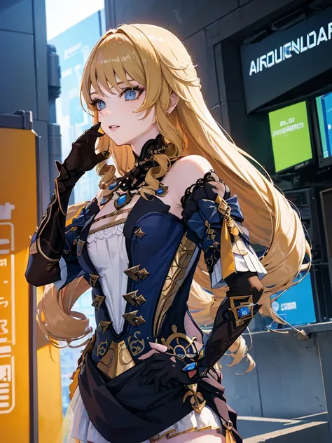 Navia from Genshin impact, 1woman, wearing a futuristic cyberpunk outfit, at future city, blonde colour hair style, 8k, high detailed, high quality