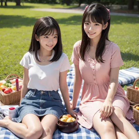 Japan Girls、Sitting on a picnic blanket in the park、Wearing cute little summer clothes、Actual photo、High resolution, masterpiece, Accurate, Anatomically correct, 最高quality, Attention to detail, High resolutionモデル, 高quality, quality, Very detailed, Textured...