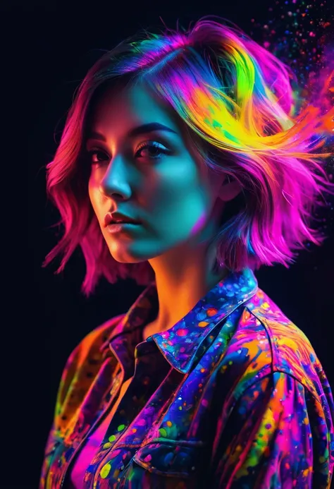 (close), Portraiture,woman  Portraiture, (alone), masterpiece, Highest quality, Clothes with strong contrast, psychedelic, [[[lsd]]], particle, bloom, Neon lighting, (Shine), Flat Color, Splashes of color, Mixing colors