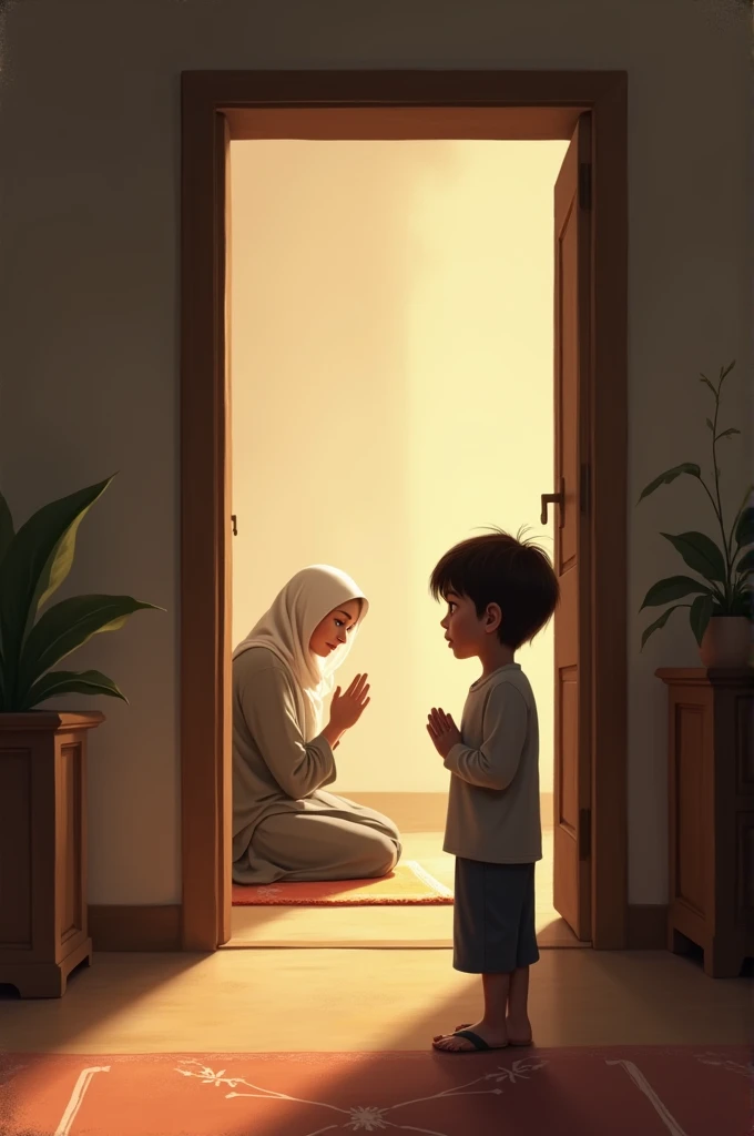 A young boy sees his mother praying: A living room with soft lighting, where a young boy, around 5 or , stands at the door, watching his mother, a woman in modest clothing, peacefully performing her prayers on a prayer mat. The mothers face is calm and foc...