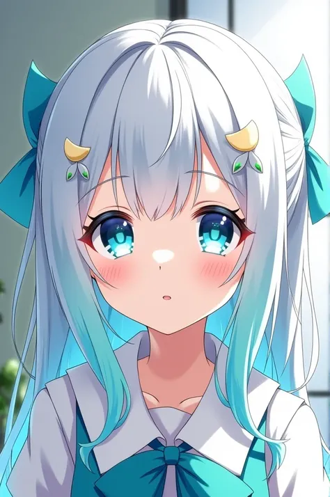 An anime girl about . She has white and turquoise hair, and blue eyes that sparkle like crystals. Her hair is loosely tied on both sides with crescent-shaped hairpins