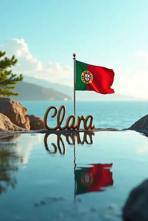 Create an image with a view of beautiful Portugal , a flag , , the first name clara written  , the sea all that in a mirror
