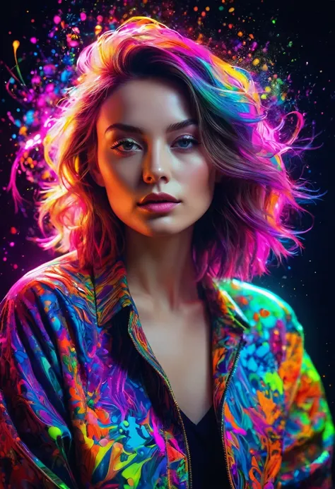 (close), Portraiture,woman  Portraiture, (alone), masterpiece, Highest quality, Clothes with strong contrast, psychedelic, [[[lsd]]], particle, bloom, Neon lighting, (Shine), Flat Color, Splashes of color, Mixing colors