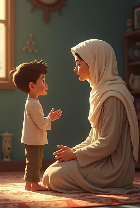 The boy asks his mother a question: The scene shifts to the boy standing next to his mother after she has finished praying. The boy, with an innocent expression, asks, "Mom, you pray every day, so what does Allah give you?" The mother, a kind smile on her ...