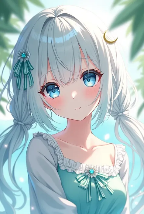 An anime girl about . She has white and turquoise hair, and blue eyes that sparkle like crystals. Her hair is loosely tied on both sides with crescent-shaped hairpins. I want her more shy and mature