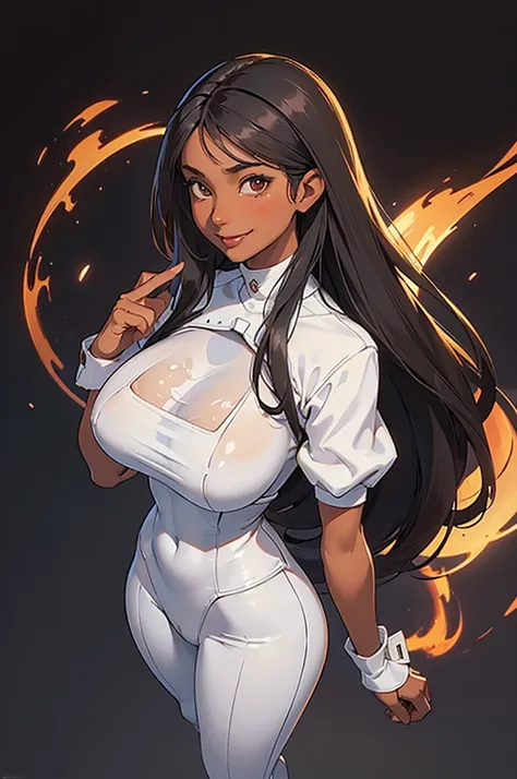 NSFW, Cartoon, 1Woman, (((tanned skin))), ((best quality)), ((masterpiece)), (detailed), beautiful face, (defiance512:1.2), solo, (((black hair))), (((sexy white outfit))), (((long hair))), (((big brown eyes))), (((smiling mommy-like expression))), (((sexy...