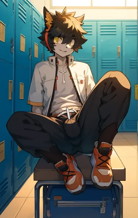 Aak，sit，masterpiece，locker room，Anime style，4K HD style，Looking at the audience，Aakhead，Boys，Crotch long bulge，Open your legs，Wearing black swimming trunks