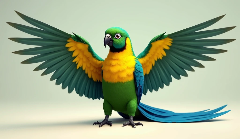 Create an image of a majestic bird with vibrant plumage inspired by the colors of the Brazilian flag. The bird should have a deep green body, bright yellow chest, and blue tail feathers. Its wings should have a blend of green and blue with subtle yellow ac...