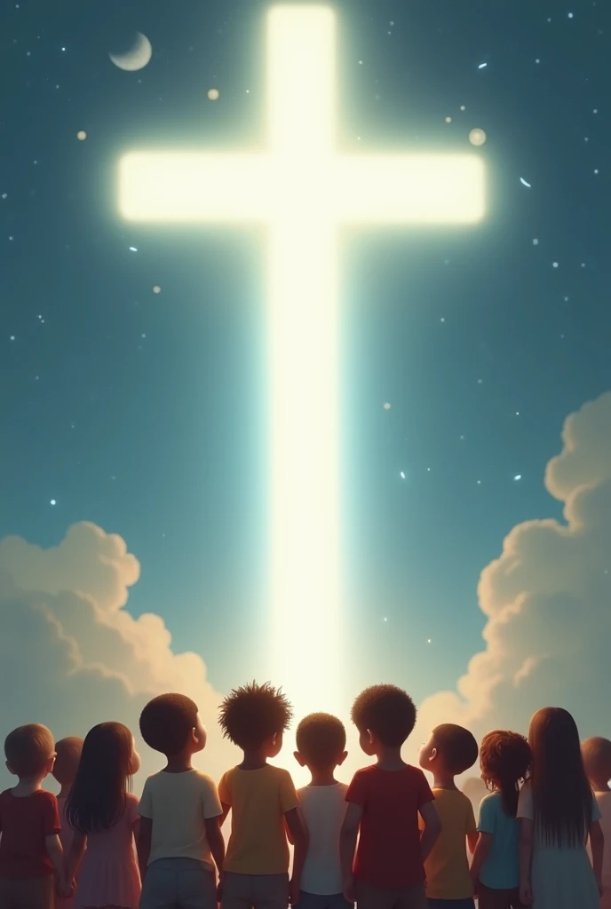 Children of different skin colors at the bottom of the image and a cross shaped like light at the top and children looking at the cross
