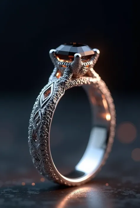 a beautiful detailed silver wedding ring with a black diamond, the ring is very thin and the diamond is not embedded, intricate engraved patterns, glowing inner light, ethereal atmospheric lighting, extremely detailed, 8k, photorealistic, studio lighting, ...