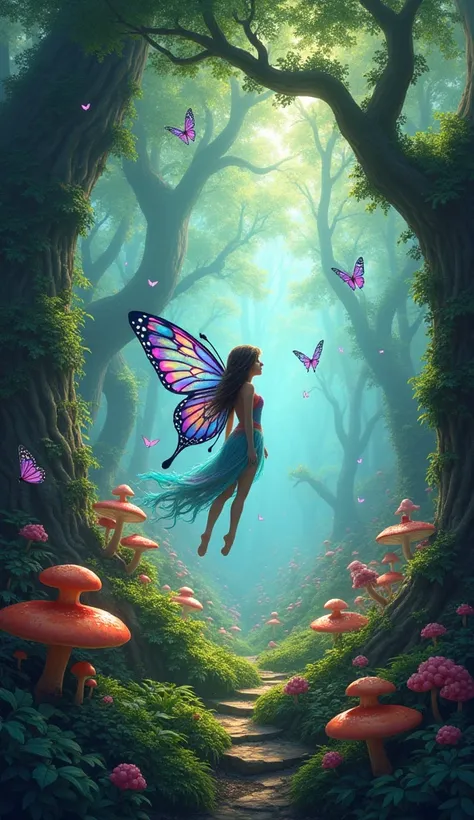 Colorful enchanted forest and fairy with butterfly wings