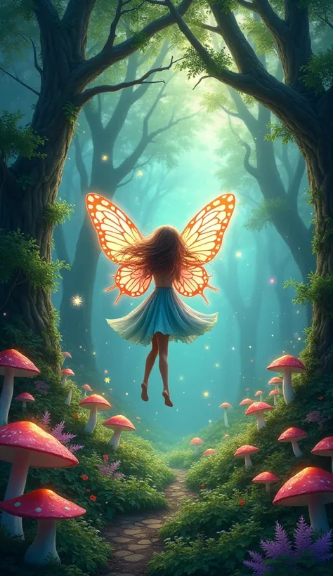 Colorful enchanted forest and fairy with butterfly wings