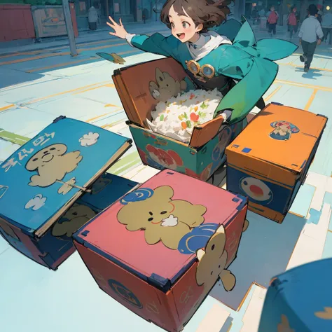 Illustrations for childrens picture books,realistic, detailed illustration,A lively town square filled with people of all ages, from children to elderly, eating colorful magical bento boxes. Their faces are visibly brightening as they eat, with smiles spre...