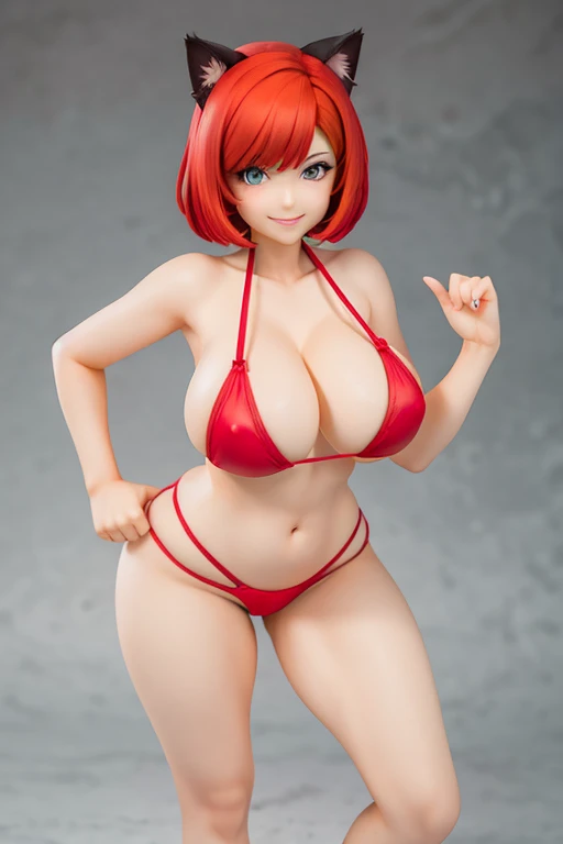 figure, Neko, sexy pose, big breasts, curvy, smile, bob haircut, red bikini, redhead, cat ears
