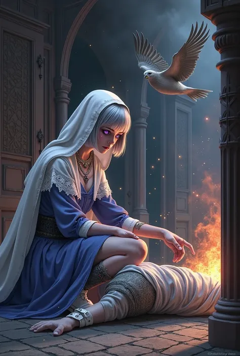 (Ultra-detailed face, looking away, Fantasy Illustration with Gothic, Ukiyo-e, Comic Art, Rich colors), 
BREAK 
(A female dark elf healer is tending to a wounded knight lying on the floor, attempting to channel the god she worships. A falcon clad in flames...