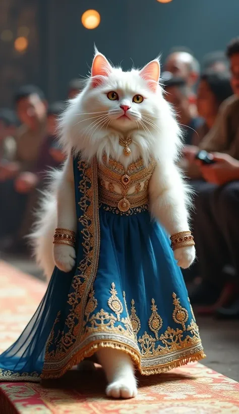 "A fluffy white Persian cat elegantly walks upright on a ramp, showcasing a deep blue lehenga with golden embroidery. The cats jewelry includes a delicate gold necklace and bangles. The audience is captivated, with cameras flashing."