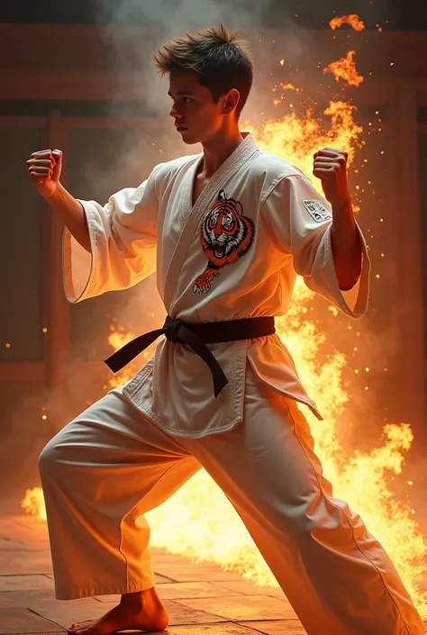 a young man with an athletic physique wearing a karate kimono, walking slowly inside a karate dojo, as he walks he raises his open right hand and closes his fist, at the moment he makes a fist the tiger that is printed on his right chest comes out of his c...