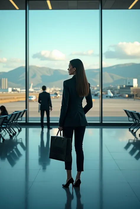 image 16:9 where you show a woman in an airport with the United States in the background 