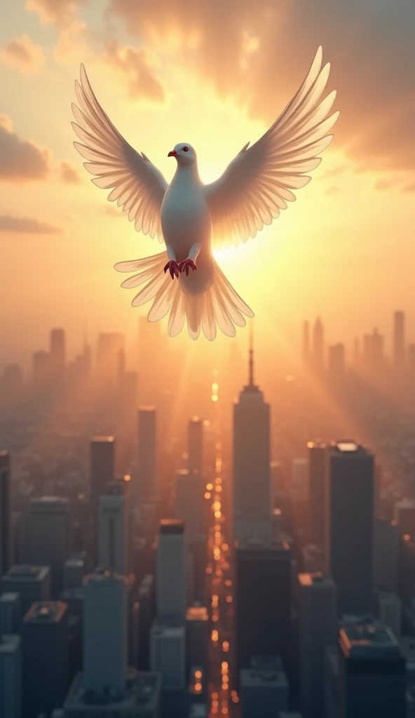 A symbolic representation of hope, showing a dove flying over a city skyline, with the sun rising in the background, signifying peace and resilience."