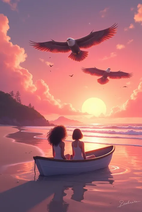 Make me two girls, one with curly hair in the middle and the other with veeeery short straight hair, who are in a boat in the middle of the beach and who have a pink sunset in the sky while many eagles fly by leaving them treasures. (realist)